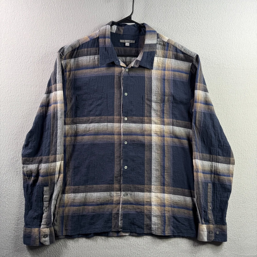 John Varvatos‎ Shirt Mens 2XL Blue Plaid Lightweight Gauzy Cotton Button Up